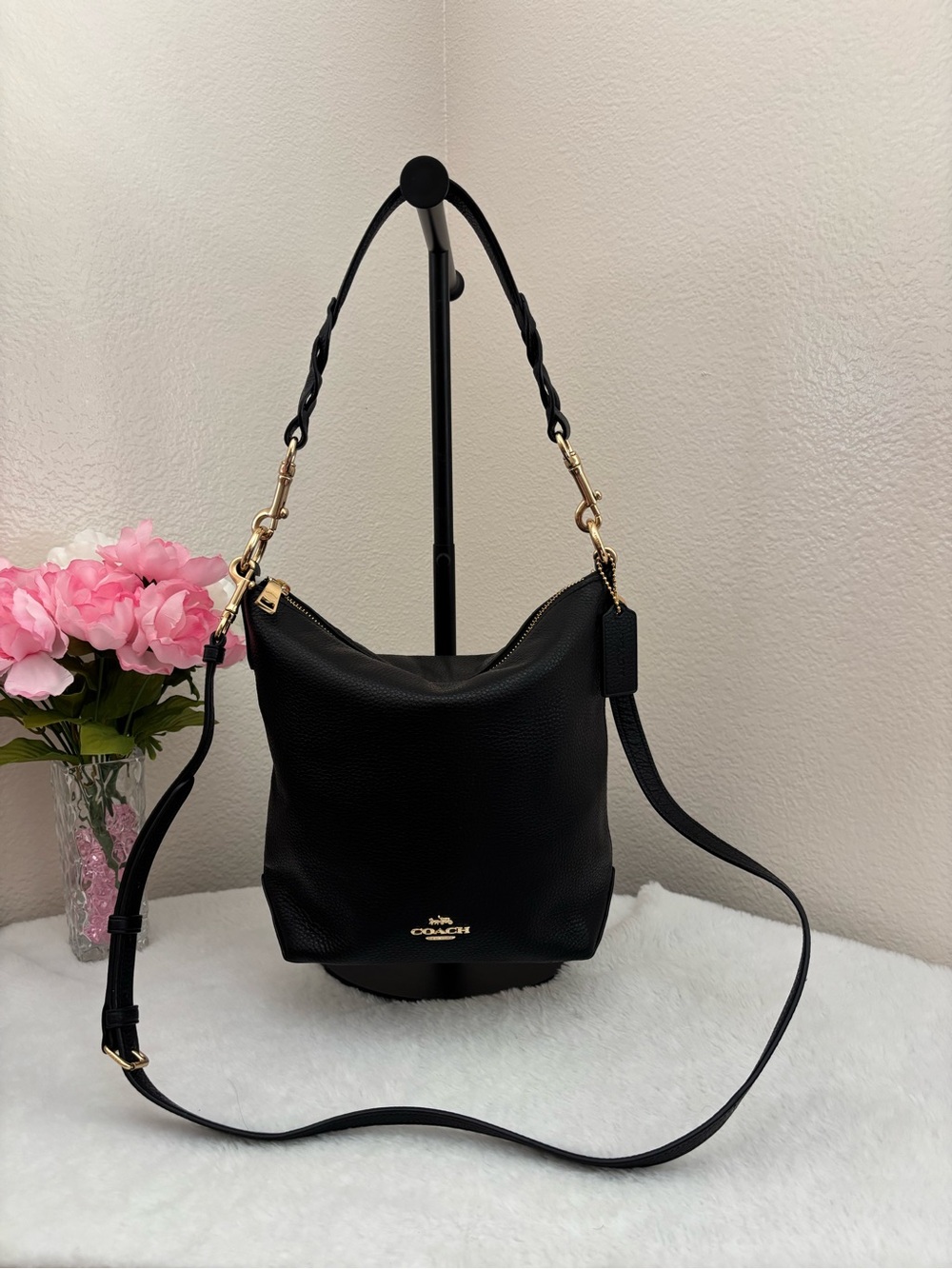 Coach Black Leather Abby Duffle Bag with Gold Hardware